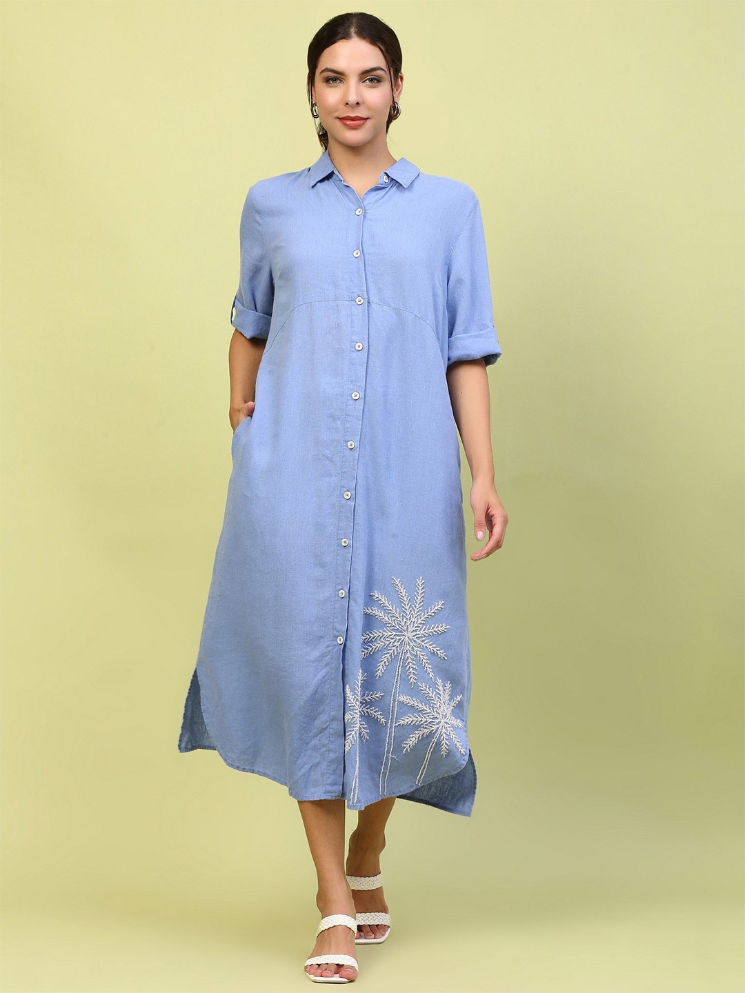 

ECO LEAS BY SHIPRA Women Linen Embroidered Shirt Midi Dress, Blue
