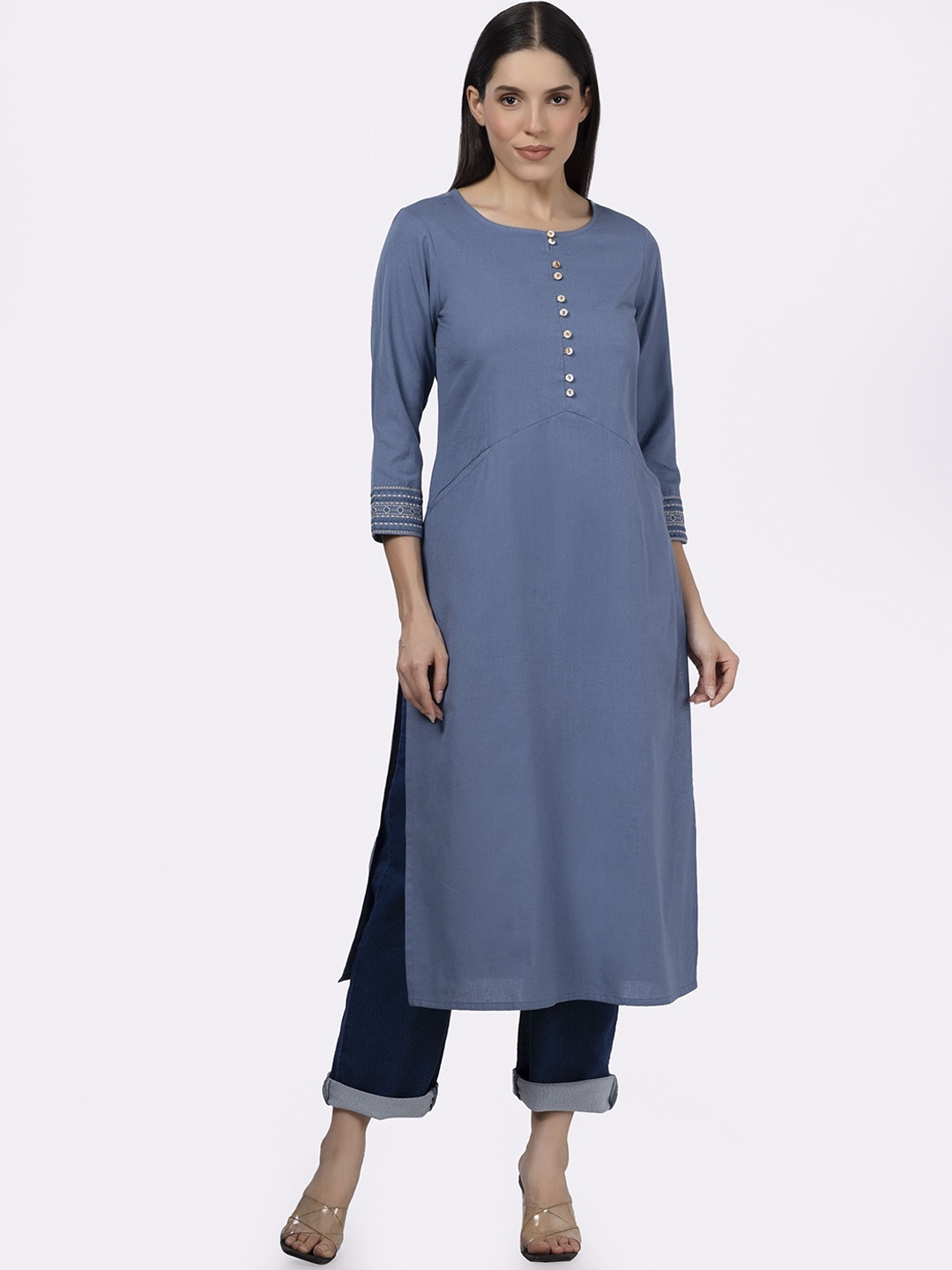 

Saffron Threads Cotton Round Neck Straight Kurta, Blue