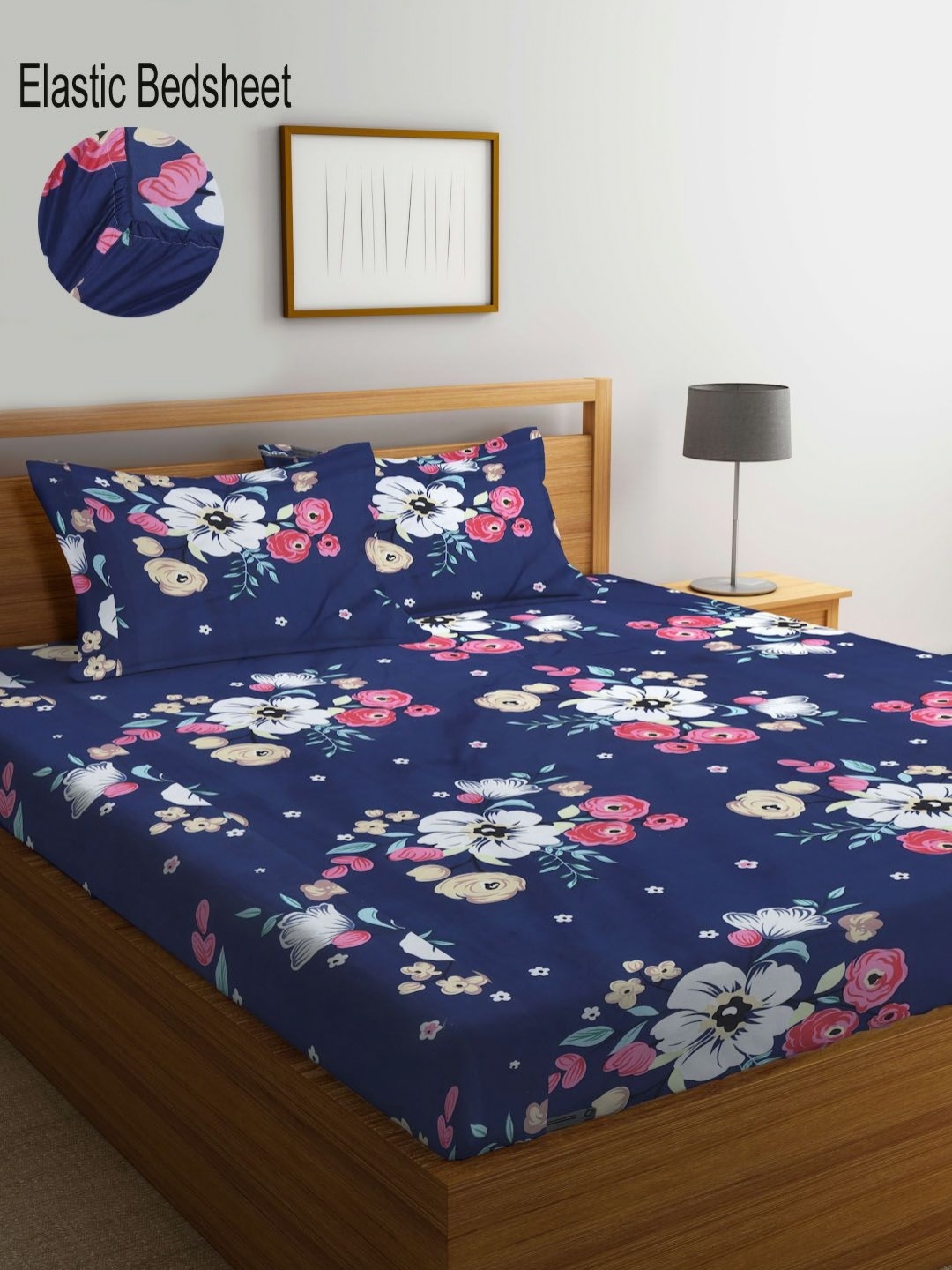 

Myntra Elegant Homes Navy Blue Floral Printed 300 TC Fitted King Bedsheet Set 2.70 x 2.70m