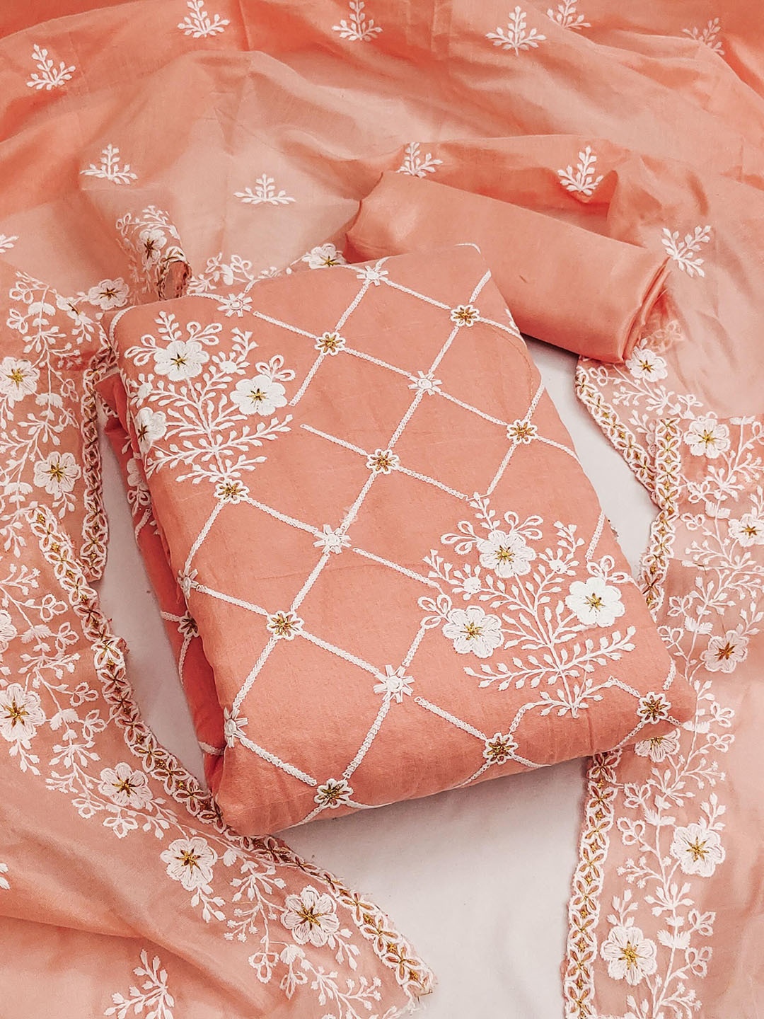 

SHADOW & SAINING Floral Embroidered Thread Work Chanderi Cotton Unstitched Dress Material, Peach