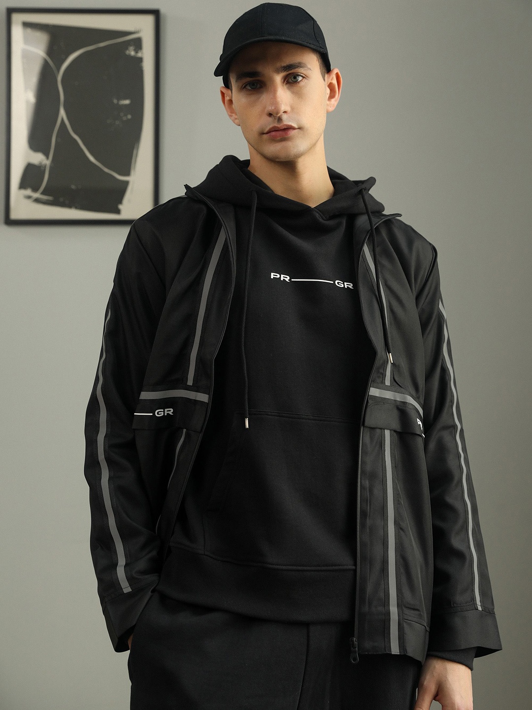 

PRIMAL GRAY Men Striped Hooded Tailored Jacket, Black