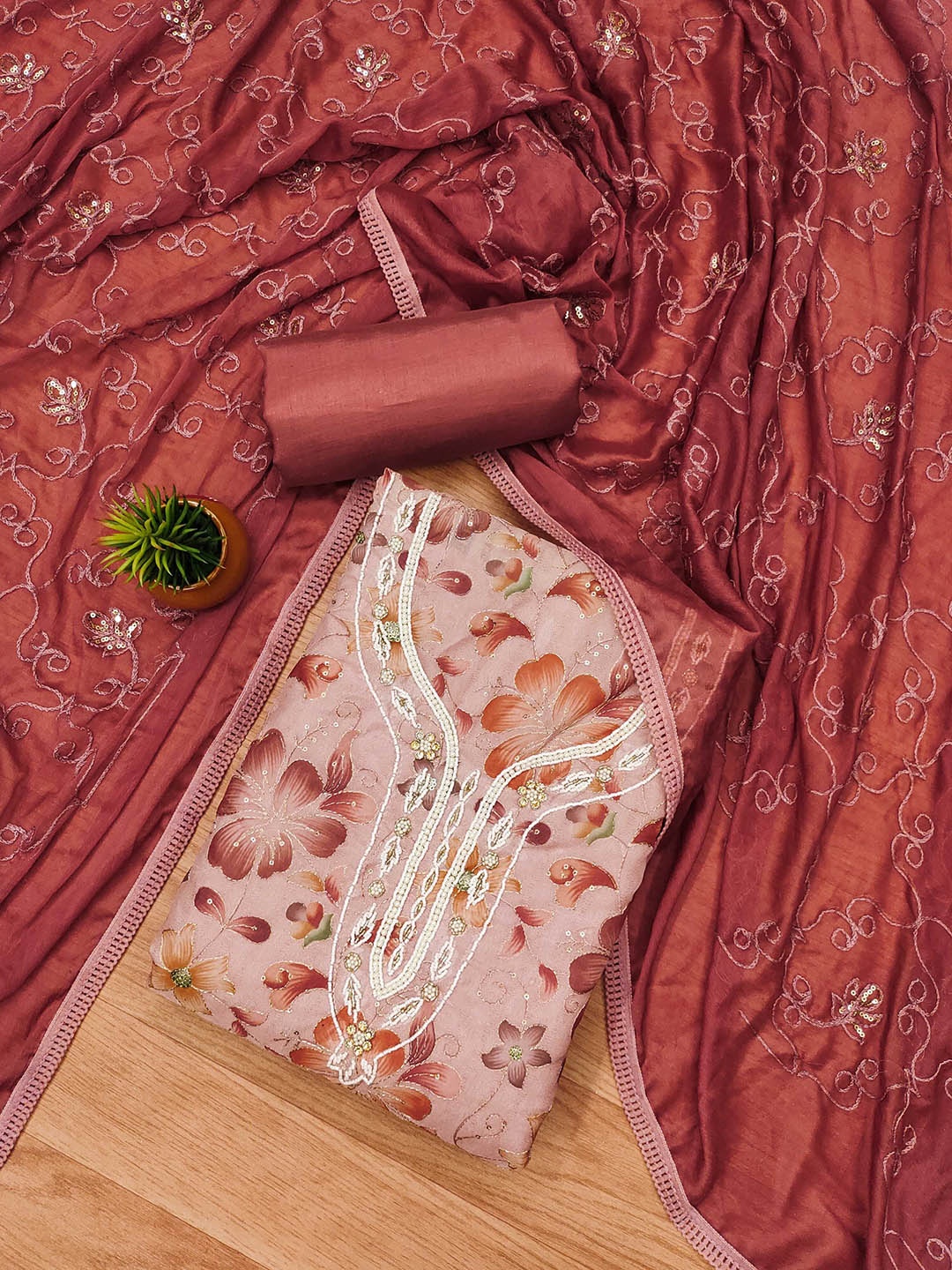 

SHADOW & SAINING Embroidered Organza Unstitched Dress Material, Rust