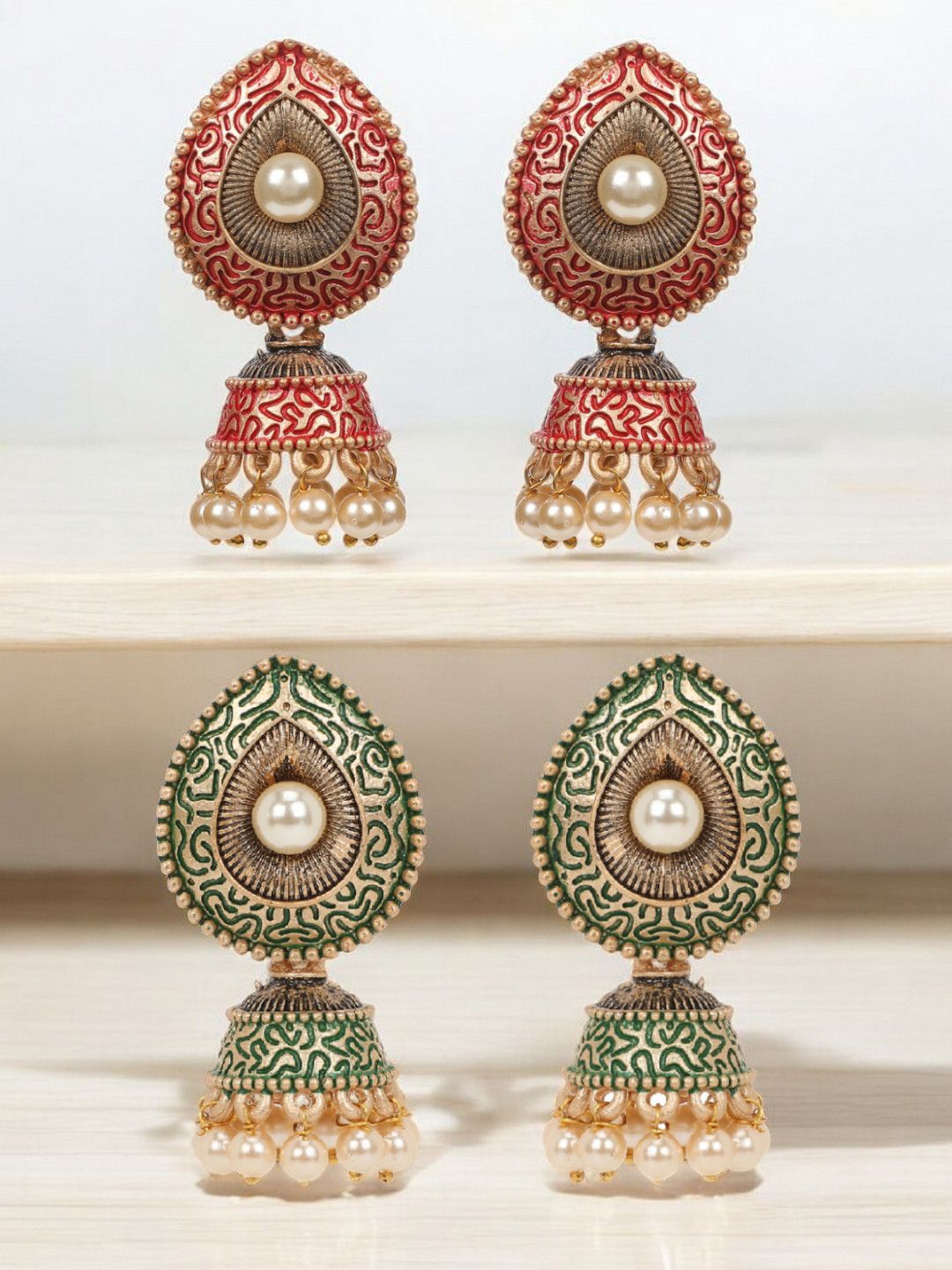 

Anouk set Of 2 Artificial Stones Studded And Beaded Dome Shaped Jhumkas, Gold