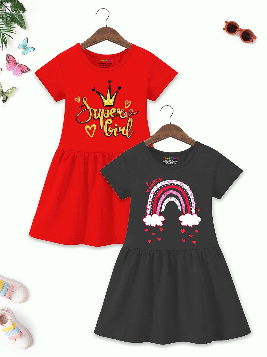 

YK X Trampoline Girls Pack of 2 Graphic Printed Cotton Fit and Flare Dress, Red