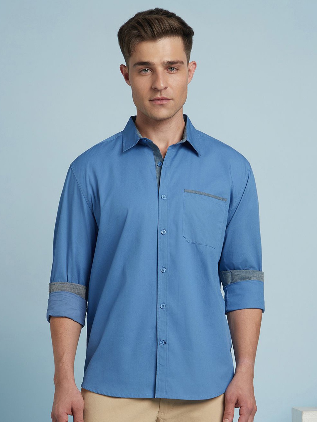 

Dennis Lingo Men Classic Solid Regular Fit Spread Collar Cotton Casual Shirt, Blue