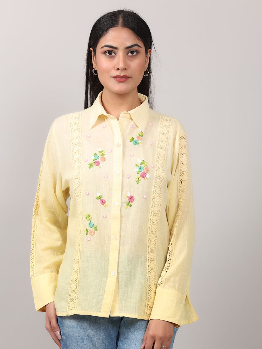 

Oskos Embroidered Cotton Top, Yellow