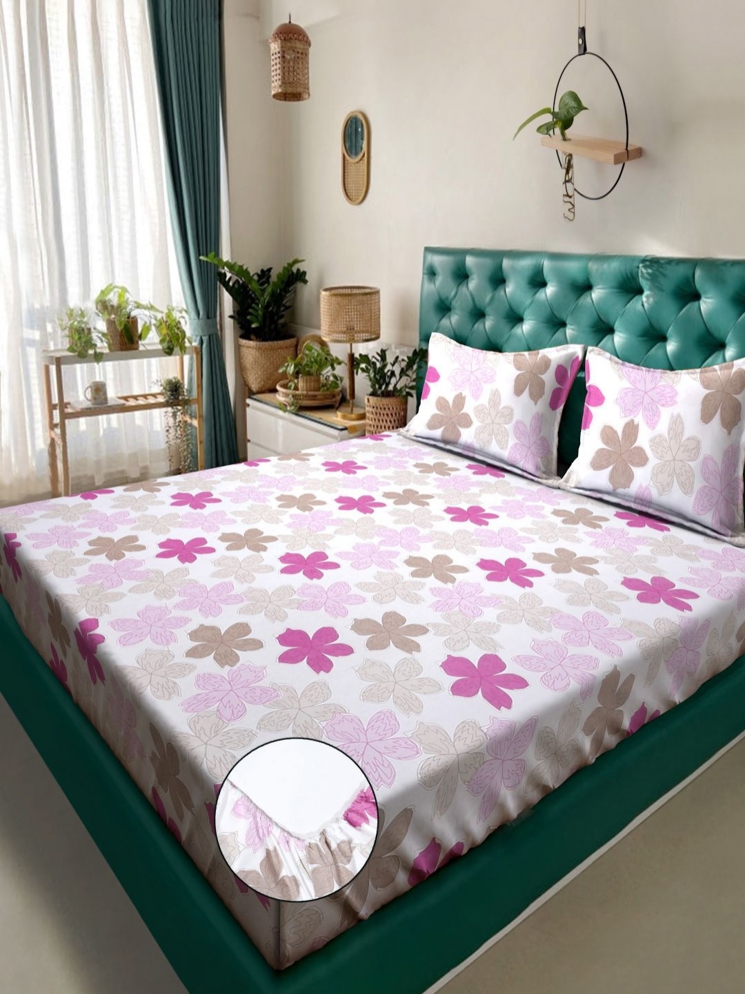 

Myntra Elegant Homes White & Pink Printed Fitted 300 TC King Bedsheet Set 2.50 m x 2.25 m