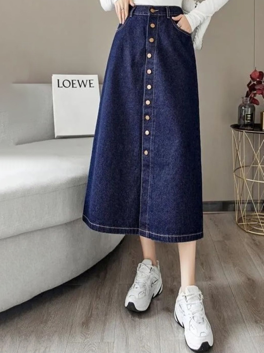 

Tripursundari Fashion Women Denim A-Line Midi Skirt, Navy blue