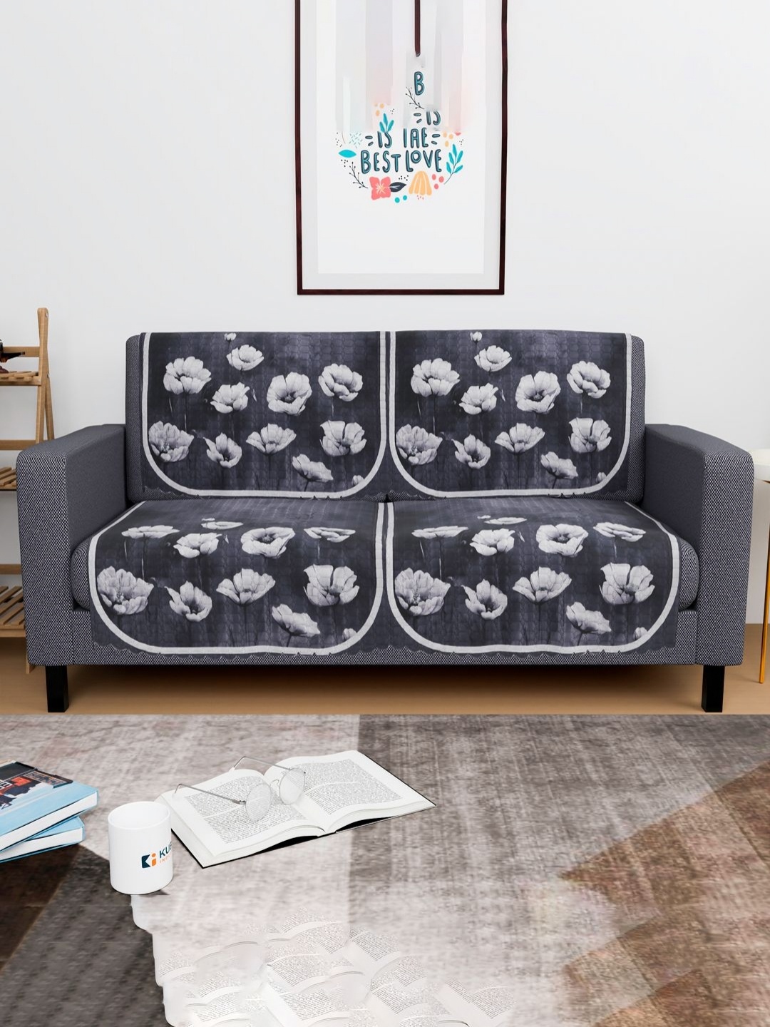 

Aura Grey & White 4 Pieces Floral Printed 2 Seater Velvet Sofa Covers