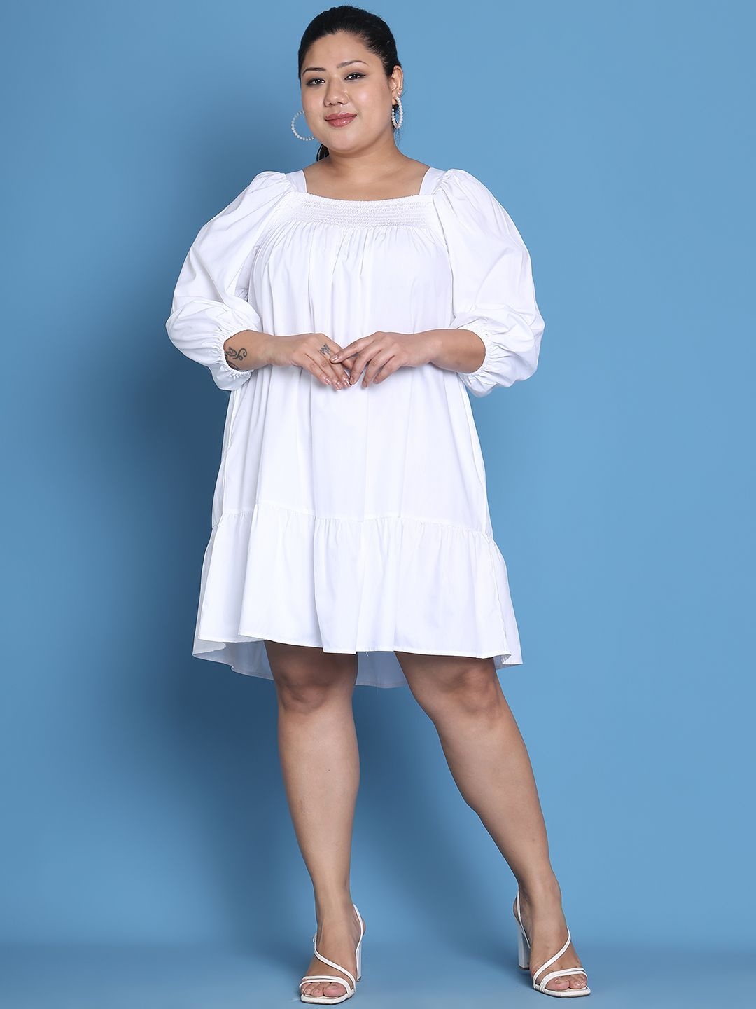 

theRebelinme Bishop Sleeve Smocked Tiered A-Line Plus Size Dress, White