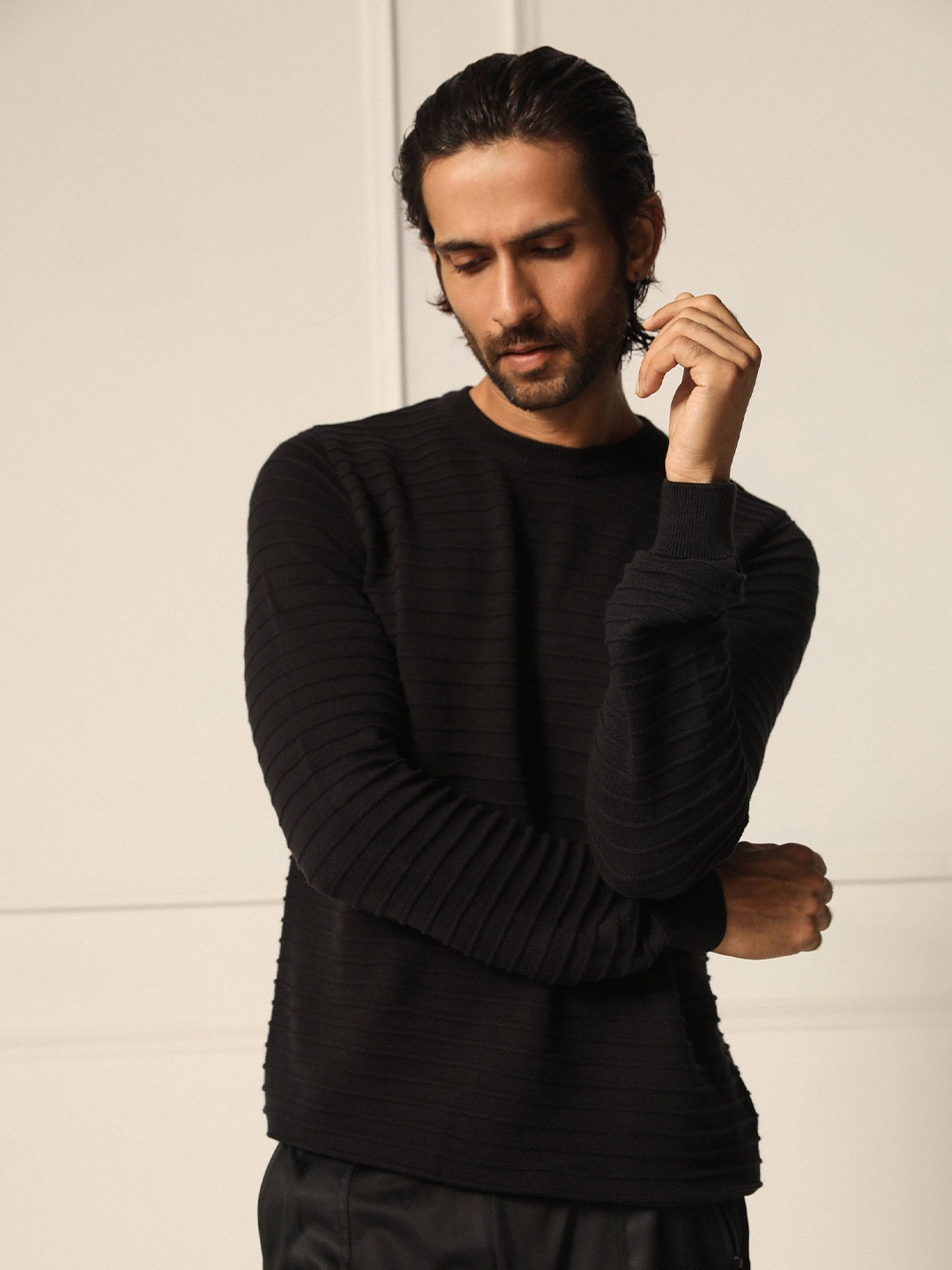 

PRIMAL GRAY Men Ribbed Cotton Pullover, Black