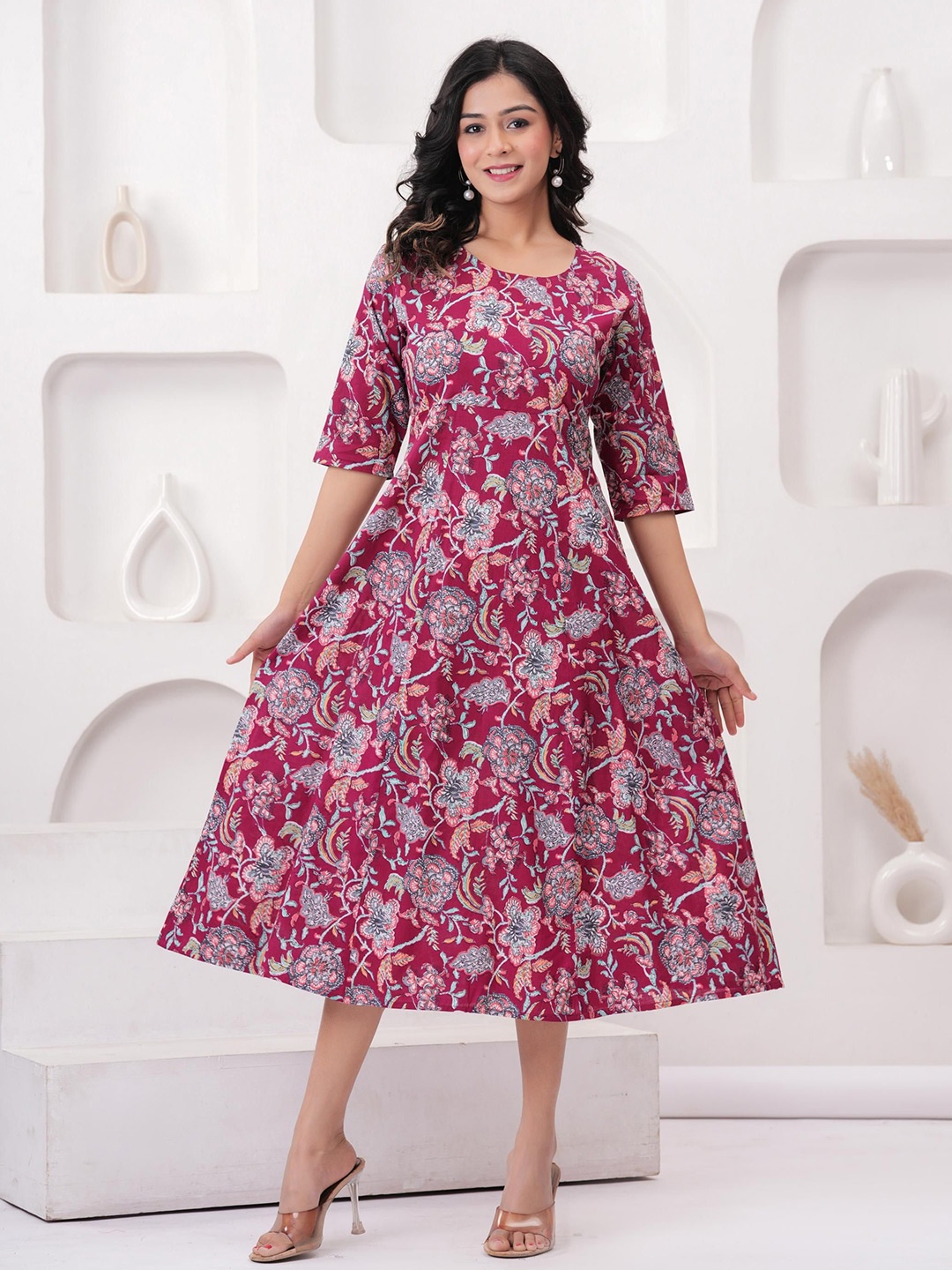 

Sanganeri Kurti Women Floral Printed Cotton Fit & Flare Midi Dress, Maroon