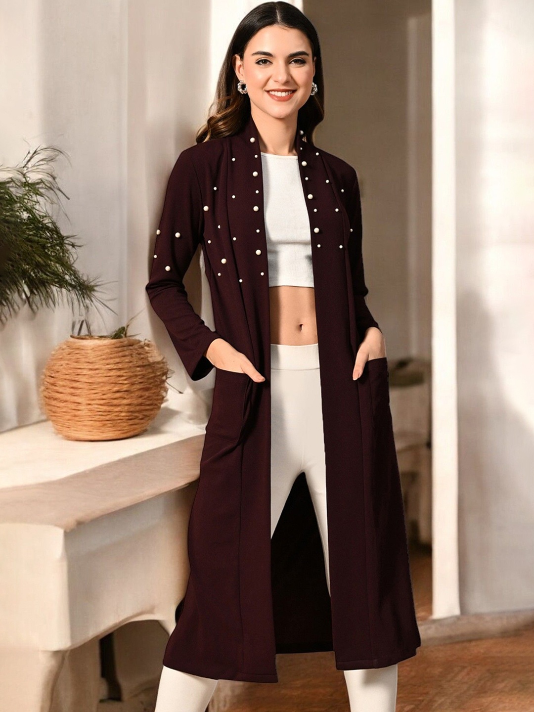 

ZEUGEN Beads And Stones Open Front Long Sleeves Shrug, Brown