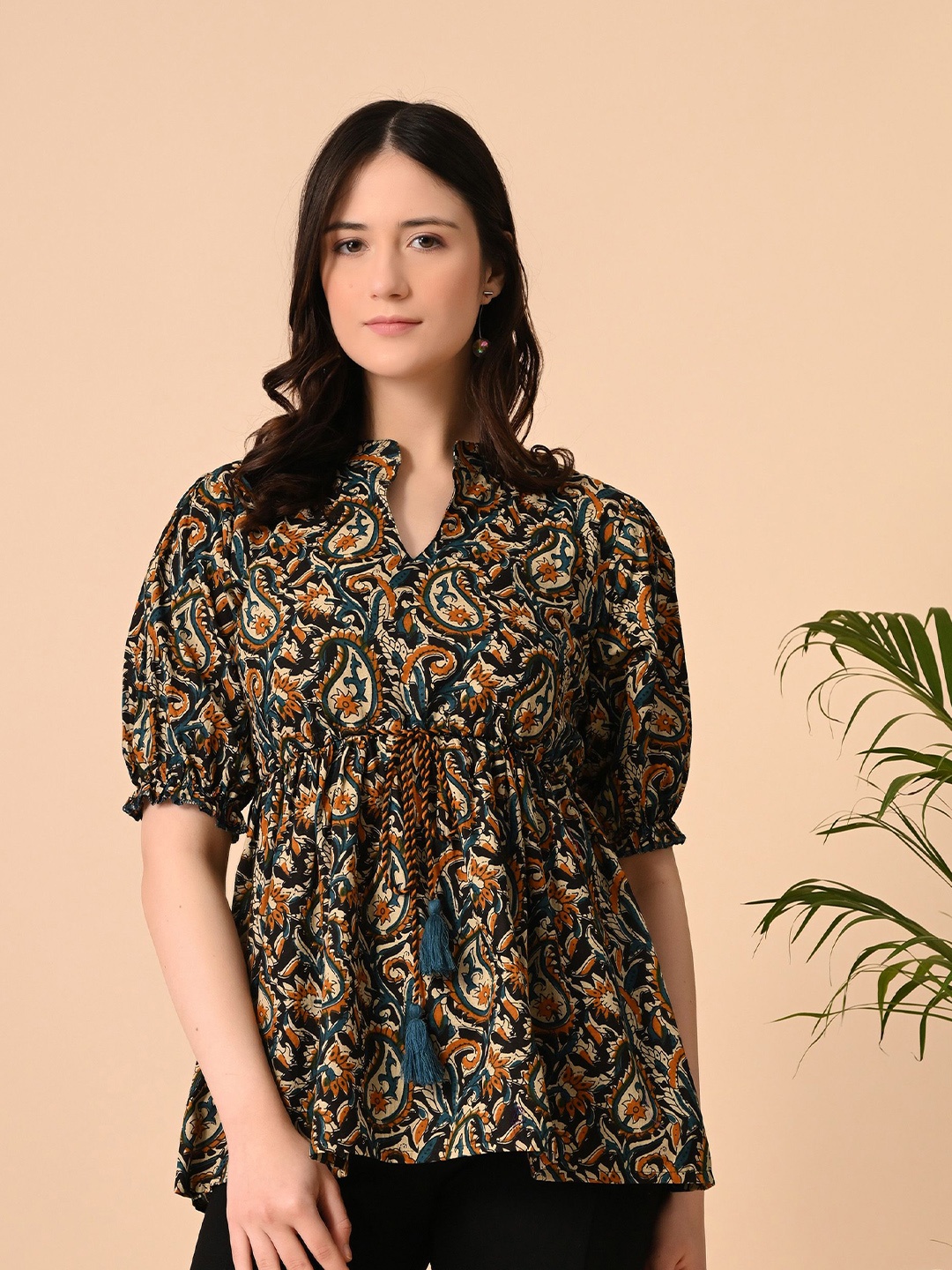 

SANTOLIYA Floral Print Ethnic Cotton Peplum Top, Black
