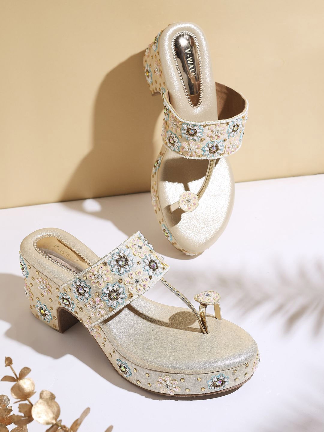 

V-WALK Embellished Party Block Sandals, Gold