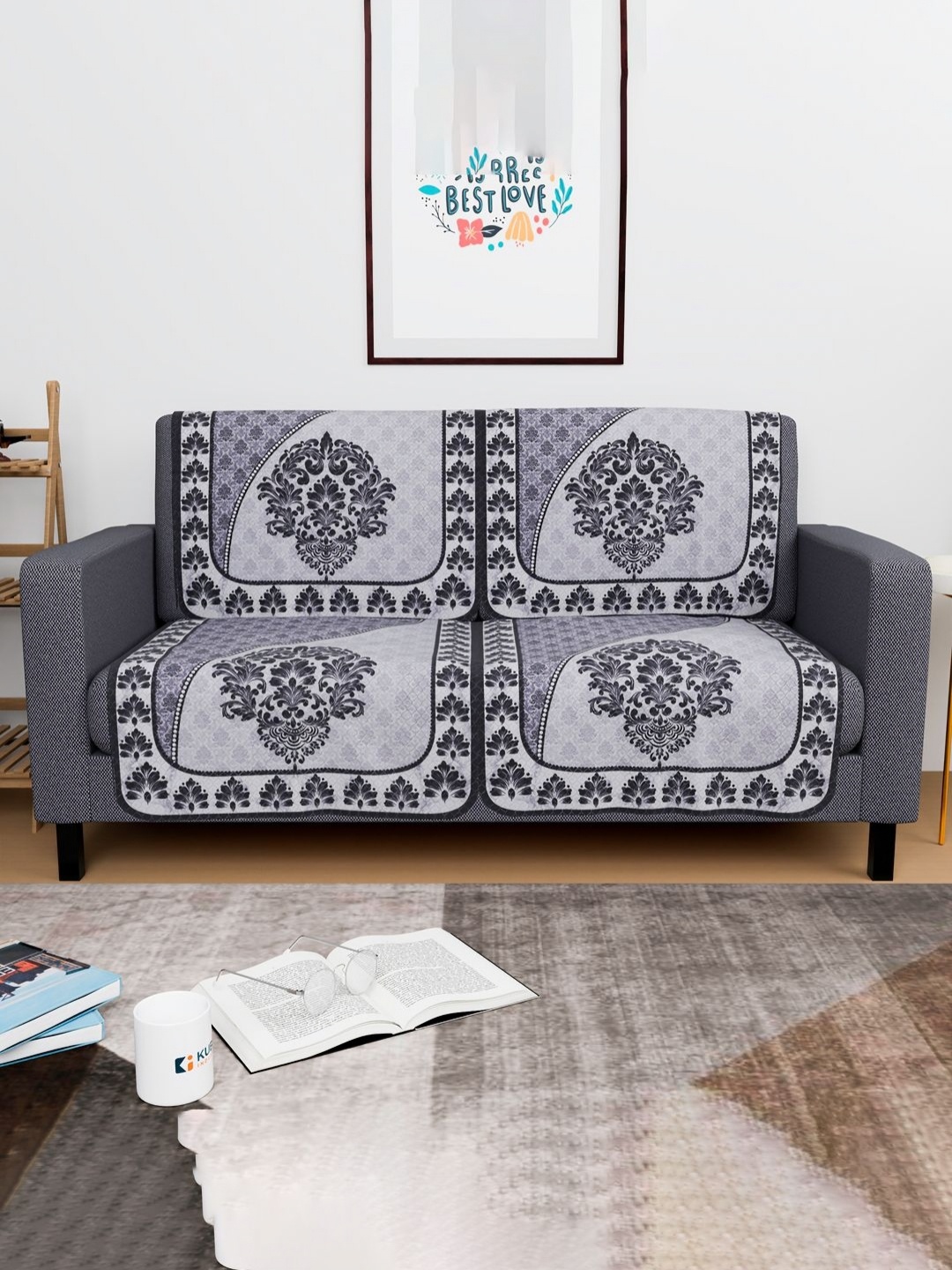 

Aura Black & White 4 Pieces Floral Printed 2 Seater Cotton Sofa Covers
