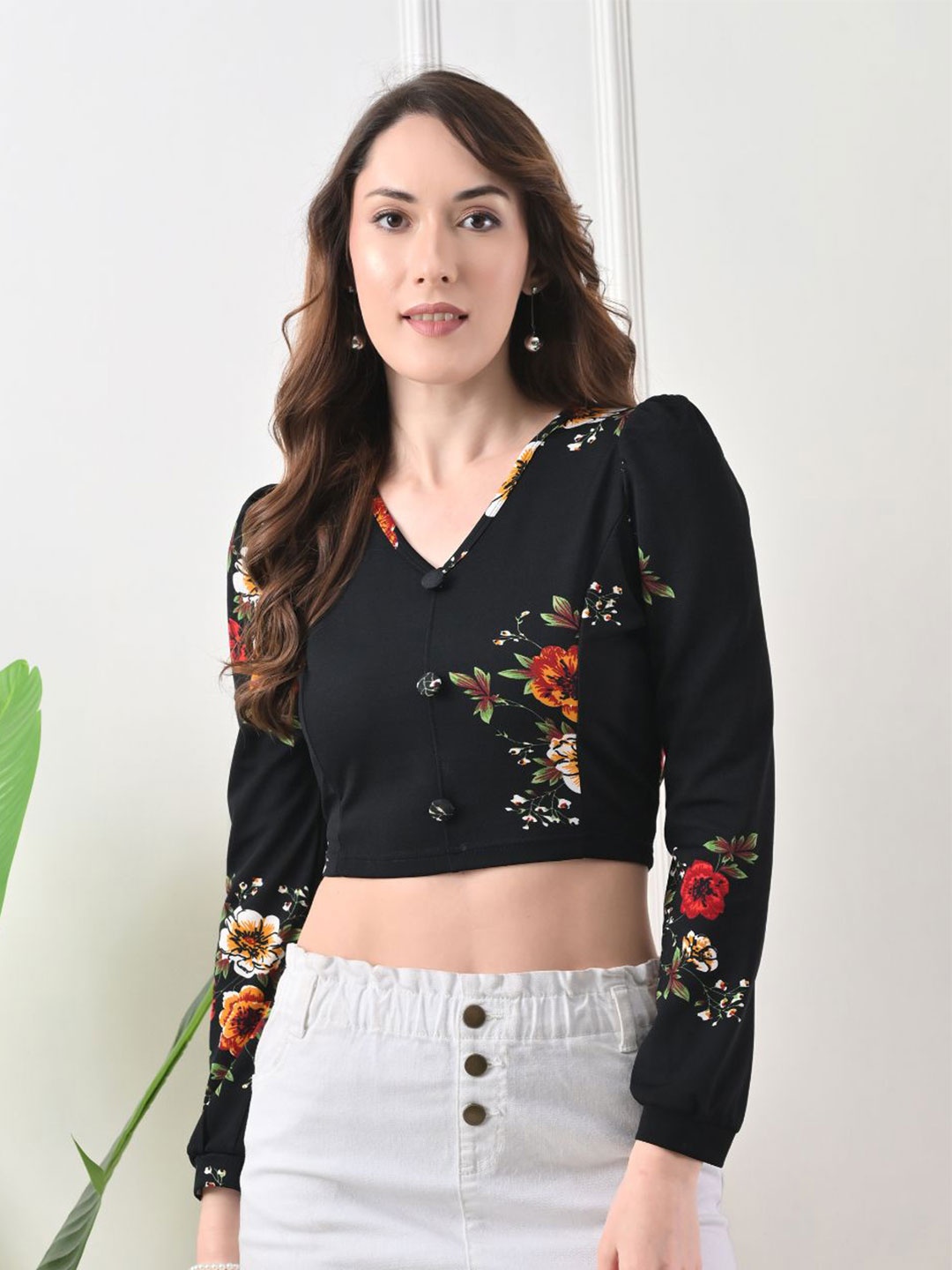 

BAESD Women Floral Printed Puff Sleeve Blouson Crop Top, Black