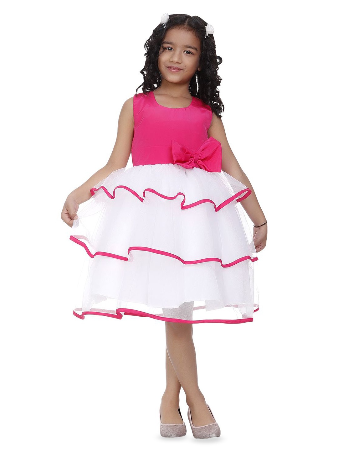 

Wow Princess Girls Colourblocked Layered Net Fit and Flare Dress, Pink