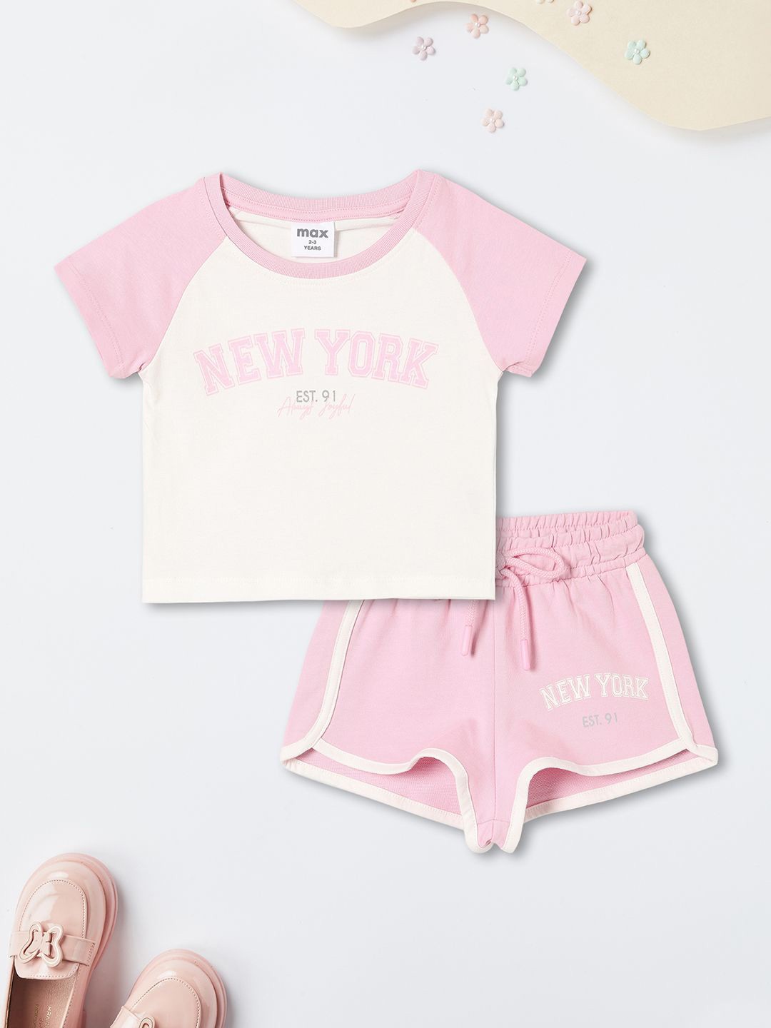 

max Girls Colourblocked Pure Cotton T-shirt With Shorts, Pink