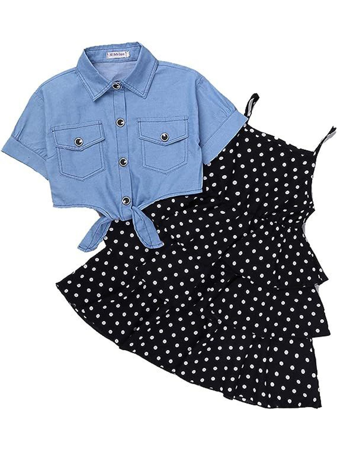

NEYSA Girl Polka Dot Printed Shoulder Straps Layered Knee Length Fit and Flare Dress, Black