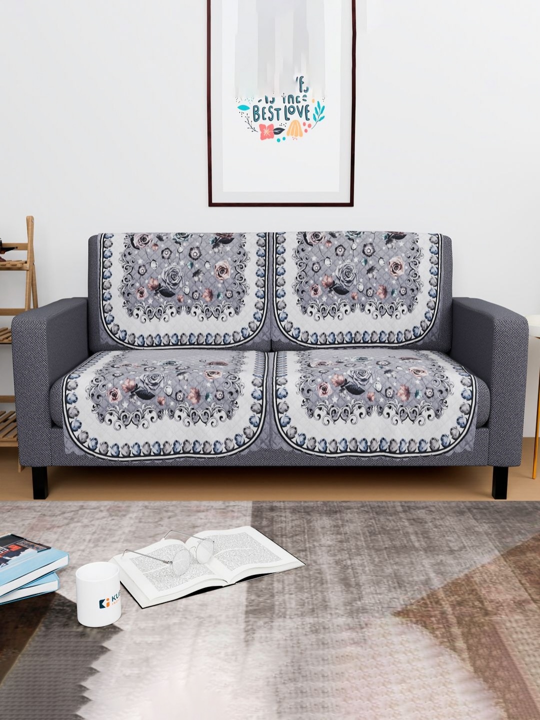 

Aura White & Grey 4 Pieces Floral Printed 2 Seater Sofa Covers