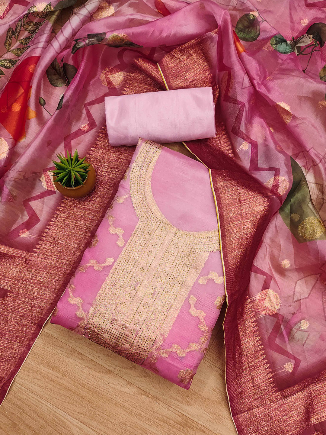 

SHADOW & SAINING Woven Design Stone Work Organza Jacquard Unstitched Dress Material, Pink