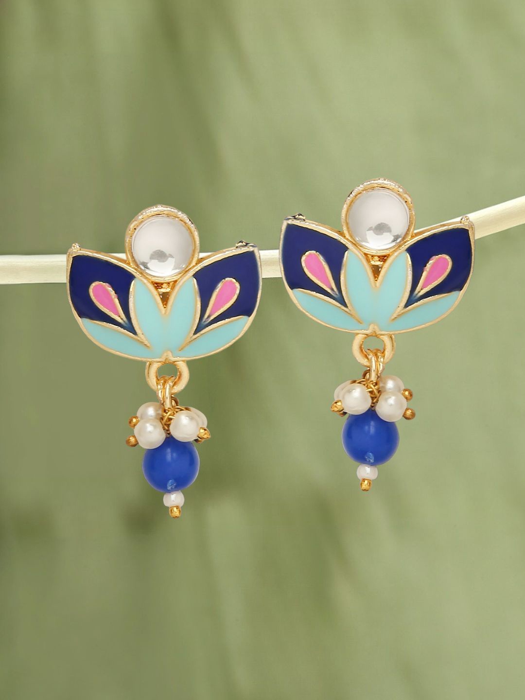 

Anouk Kundan Studded And Beaded Floral Shaped Drop earrings, Navy blue