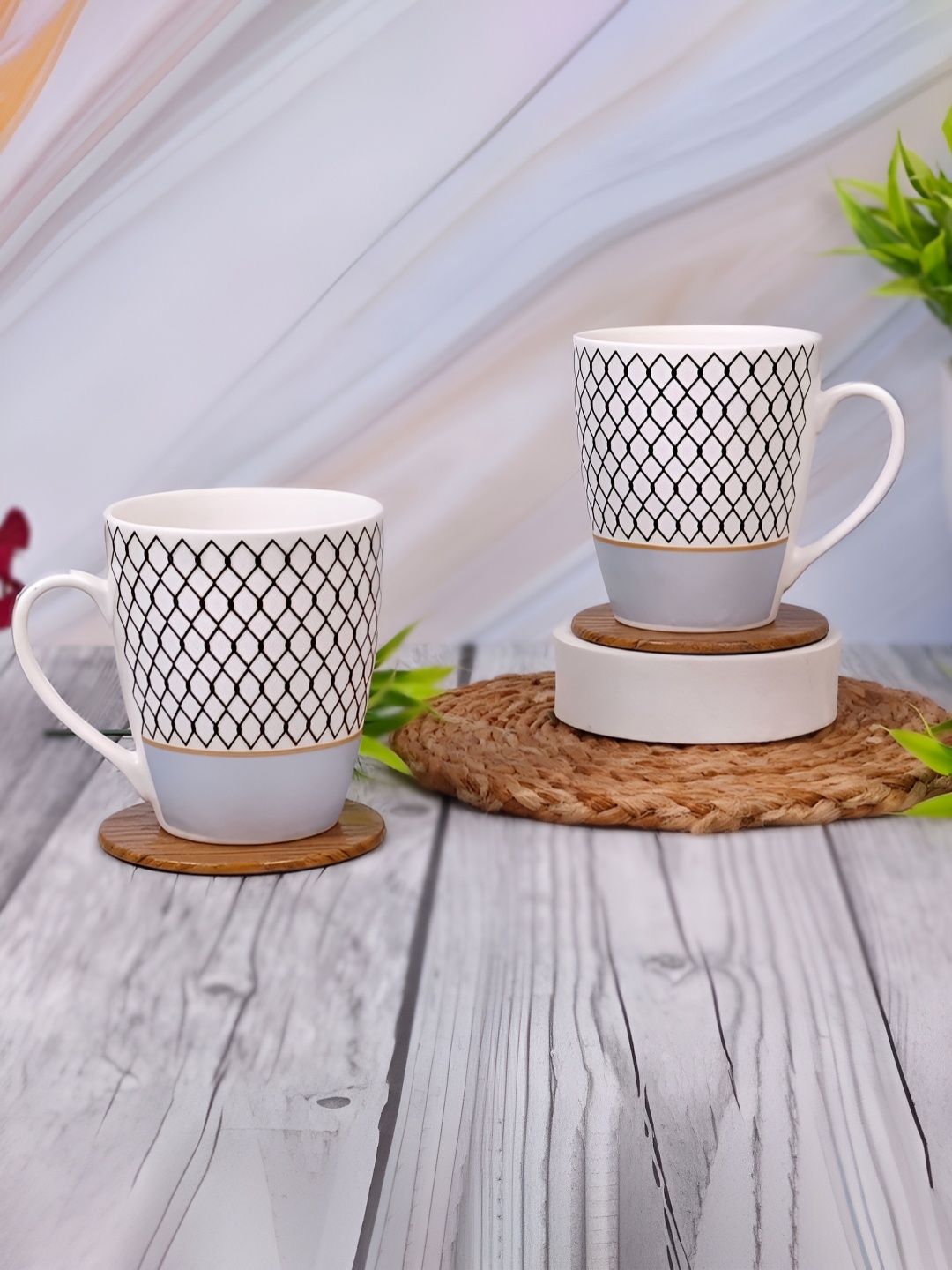 

UPC White & Grey 2 Pieces Geometric Printed Ceramic Glossy Mugs 280ml