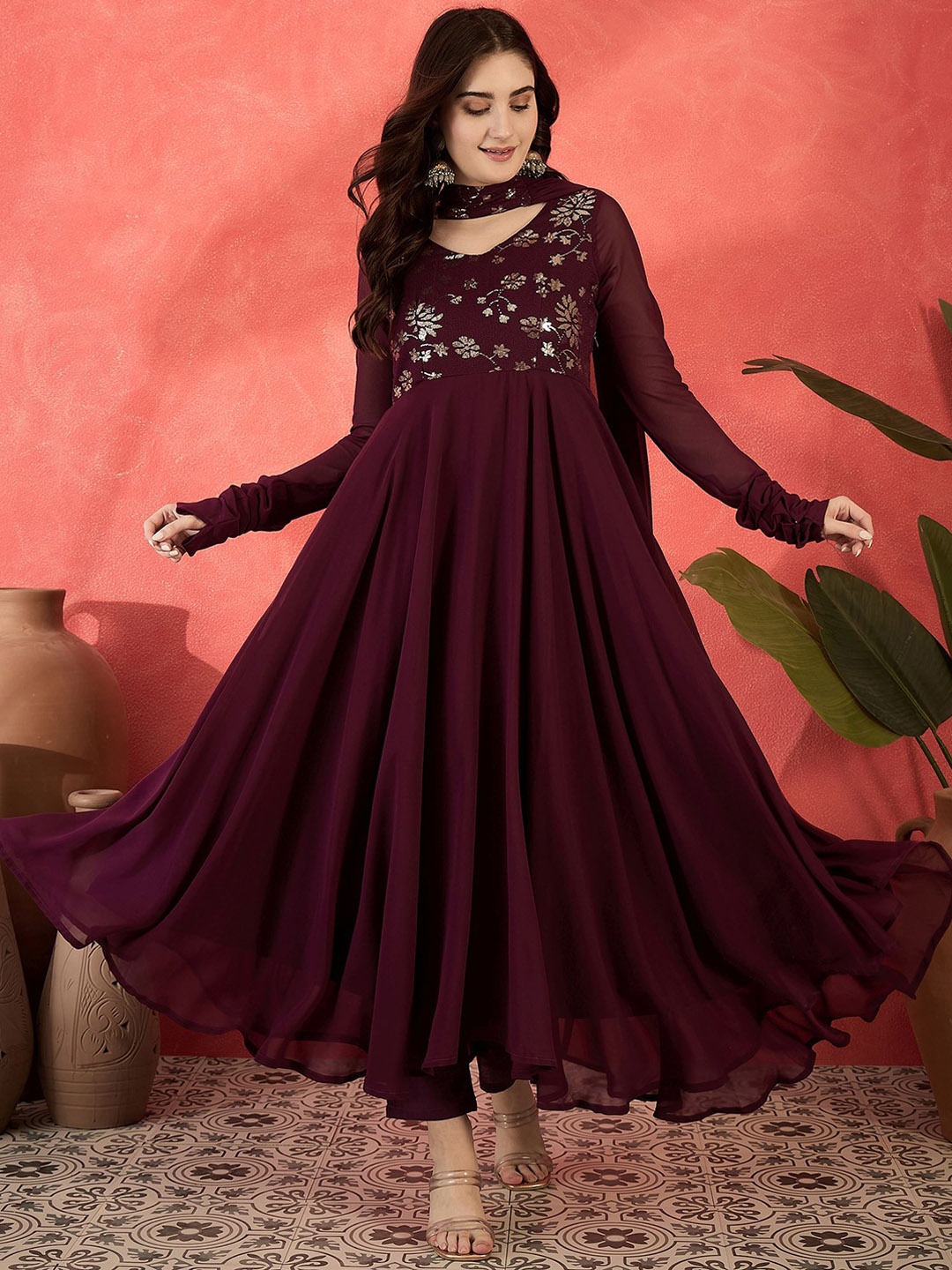 

Sangria Floral Yoke Design V-Neck Georgette Anarkali Kurta & Trouser With Dupatta, Maroon