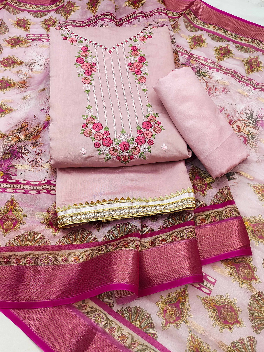 

SHADOW & SAINING Floral Embroidered Thread Work Chanderi Silk Unstitched Dress Material, Pink