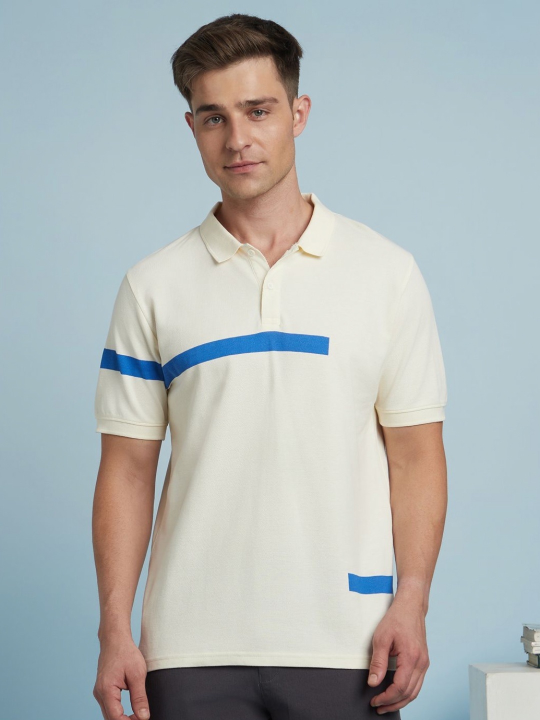 

Dennis Lingo Men Striped Polo Collar Regular Fit Cotton T-shirt, Off white