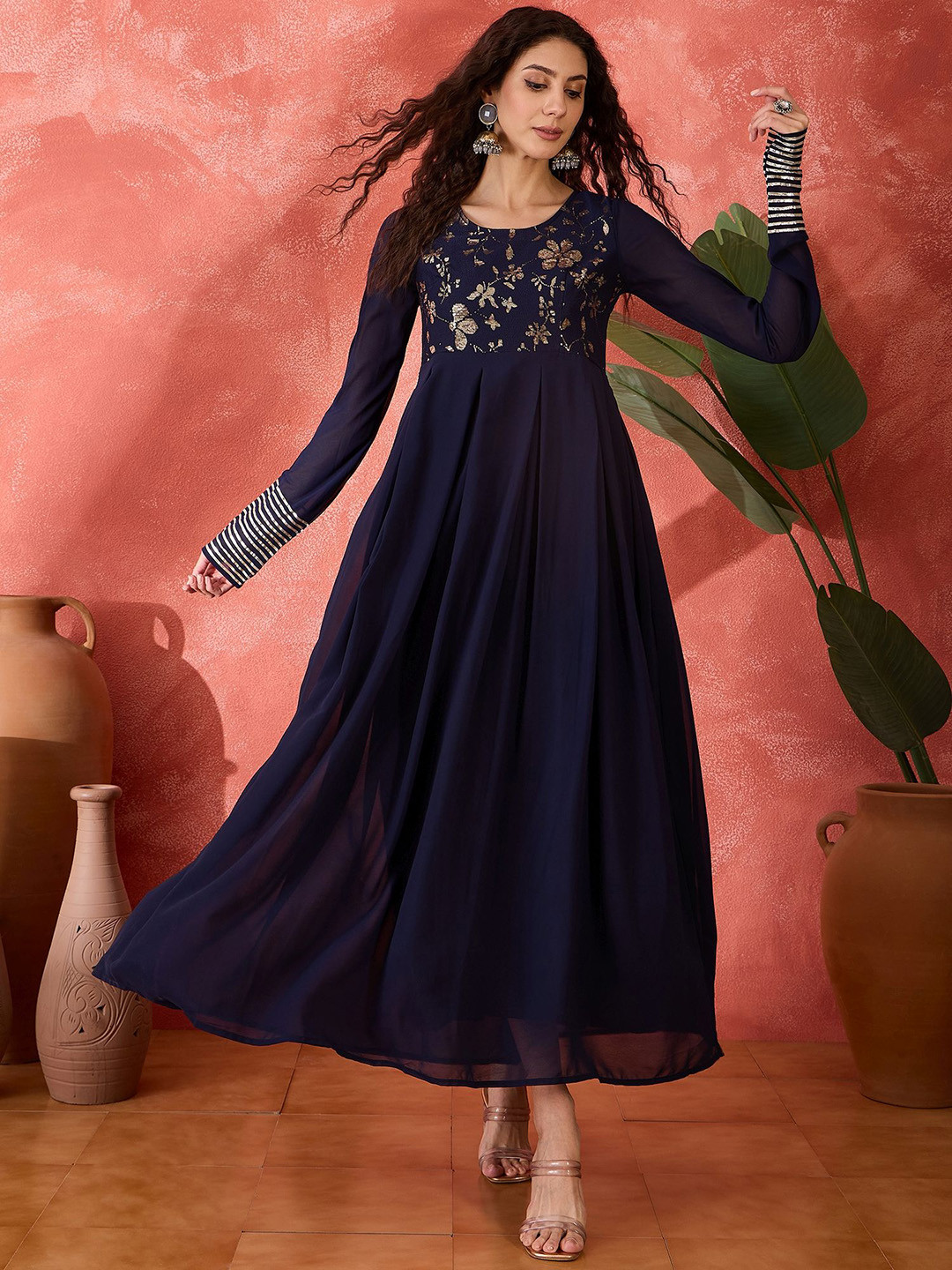

Sangria Embroidered Flared Maxi Ethnic Dress, Navy blue