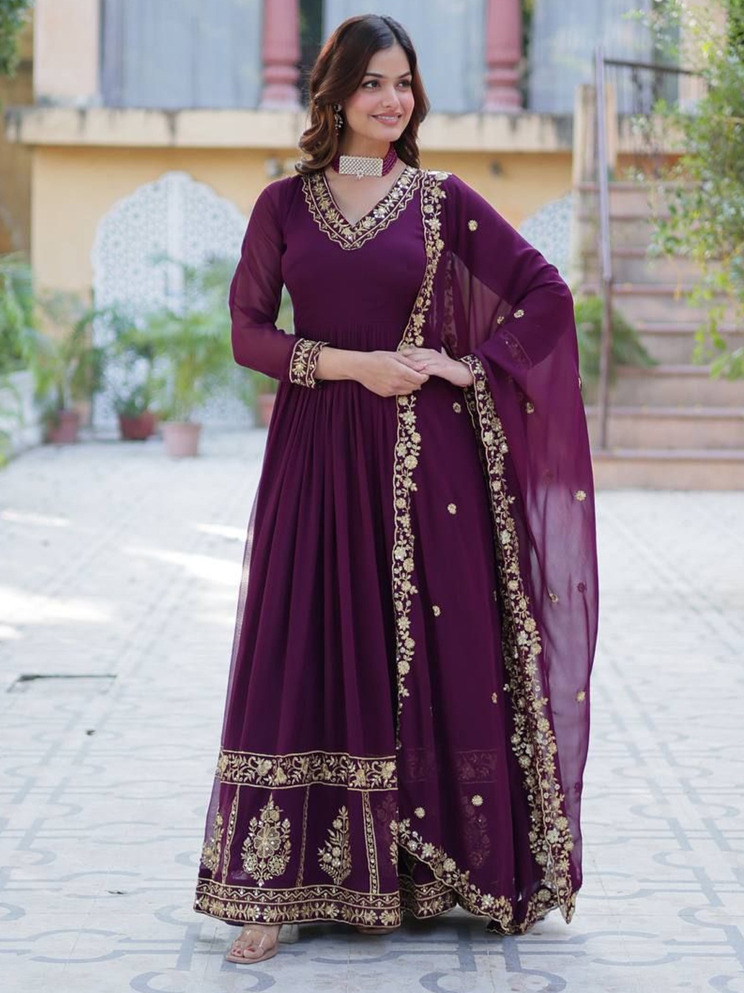 

ZIBLON Embroidered Embellished Georgette Ethnic Dress, Purple