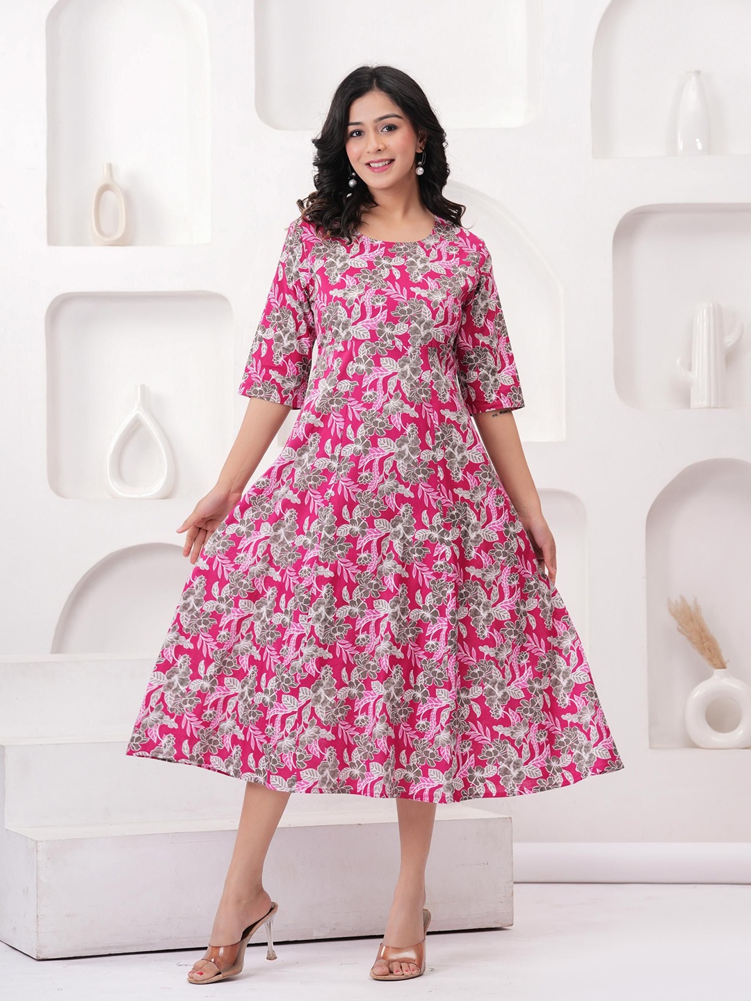 

Sanganeri Kurti Floral Print Fit & Flare Midi Dress, Pink