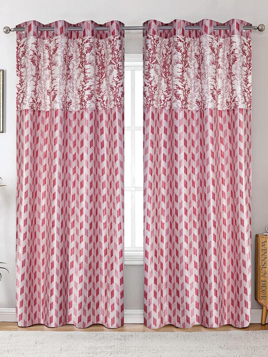 

Winnsun Red & White 2 Pieces Floral Printed Room Darkening Door Curtains