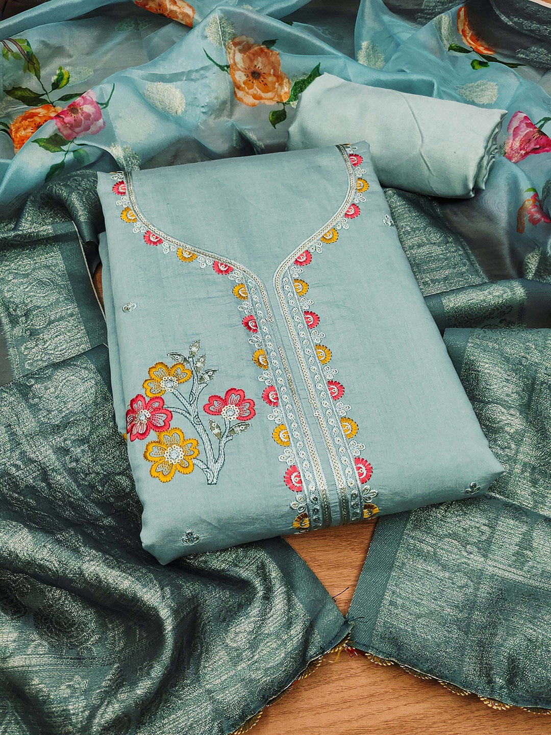 

SHADOW & SAINING Floral Embroidered Sequinned Pure Silk Unstitched Dress Material, Teal