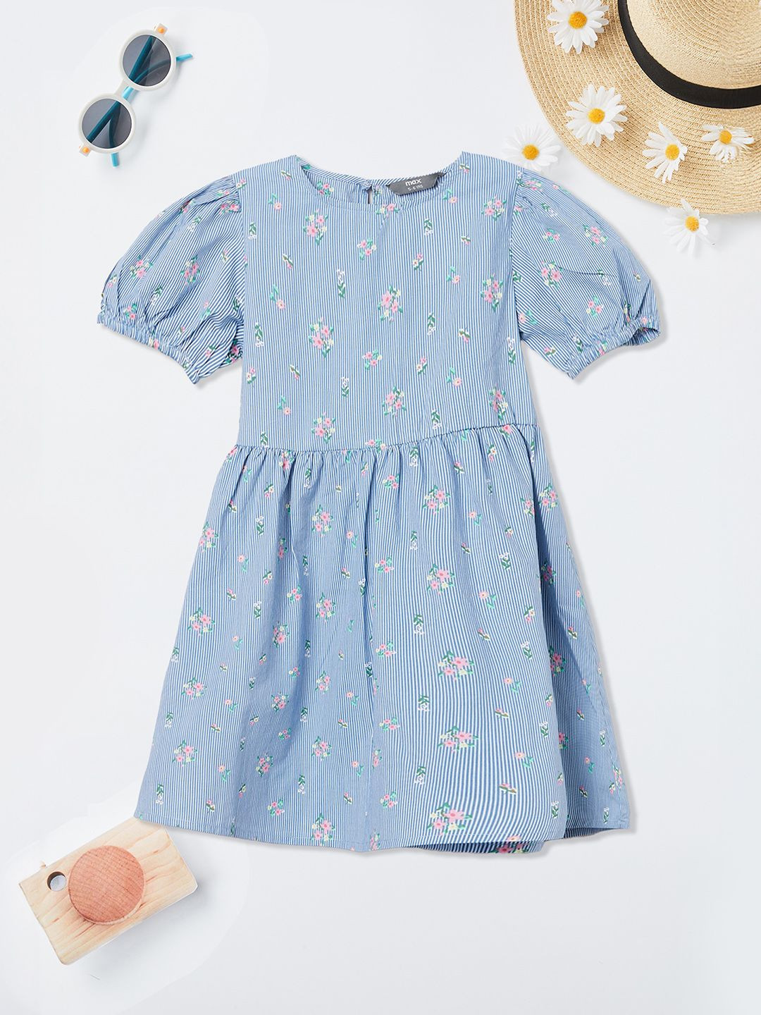 

max Girl Floral Print Puff Sleeves Fit & Flare Dress, Blue