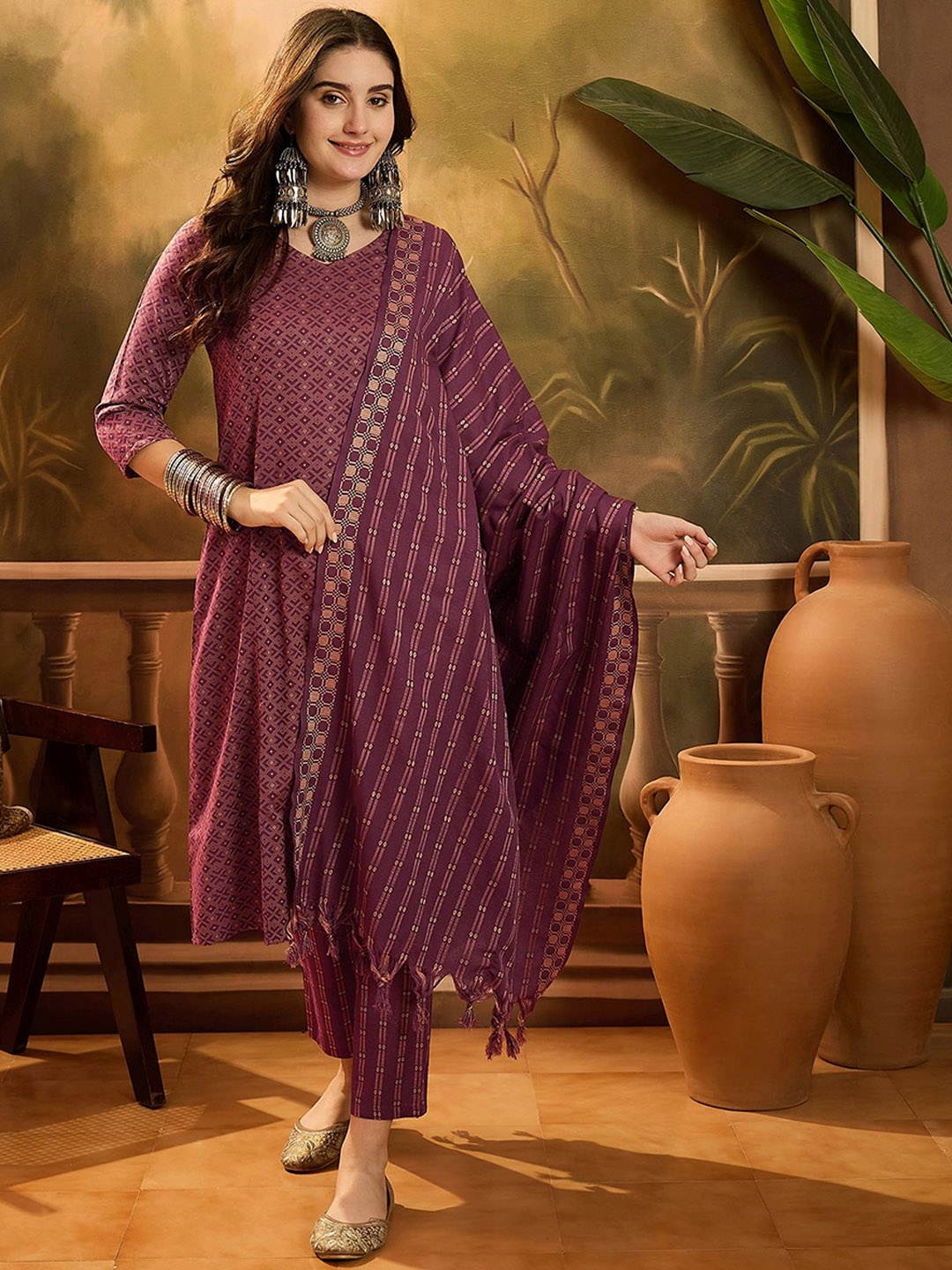 

Sangria Geometric Woven Design Round Neck Pure Cotton A-Line Kurta & Trousers With Dupatta, Maroon
