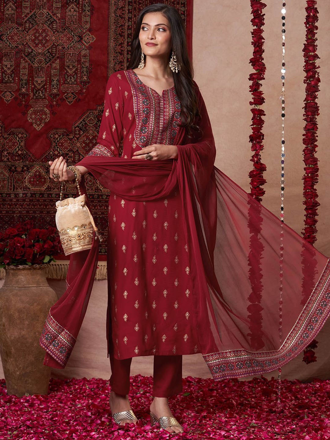 

KALINI Women Printed Regular Kurta with Trousers & With Dupatta, Red