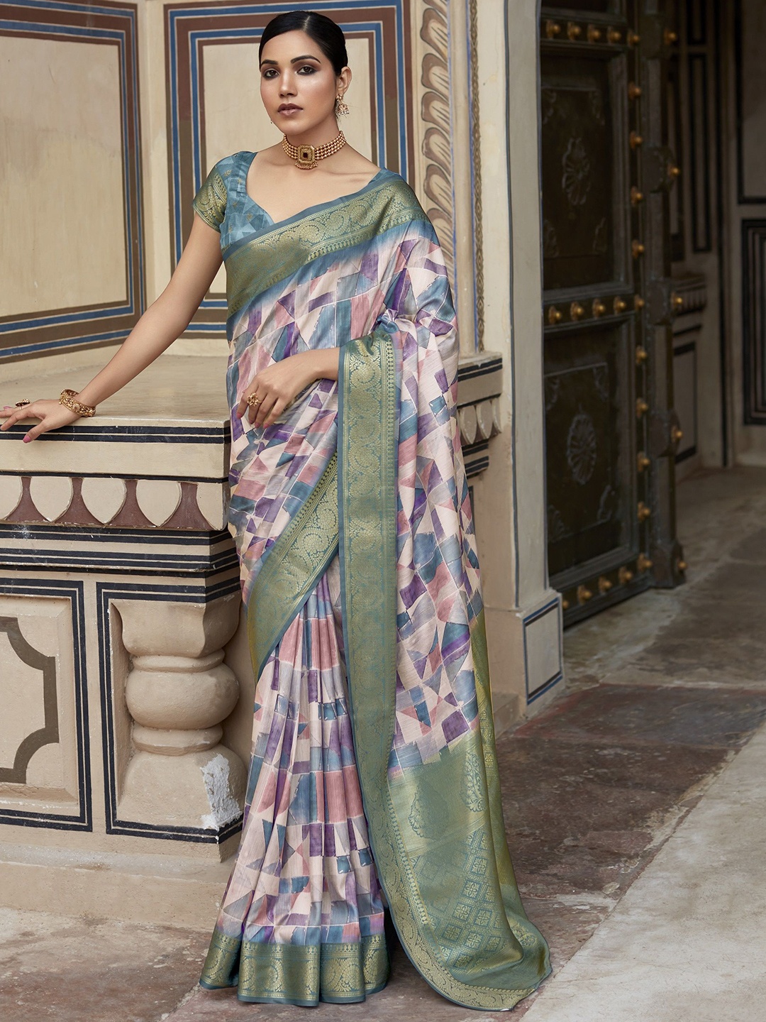 

MAHALASA Abstract Printed Woven Design Zari Saree, Turquoise blue