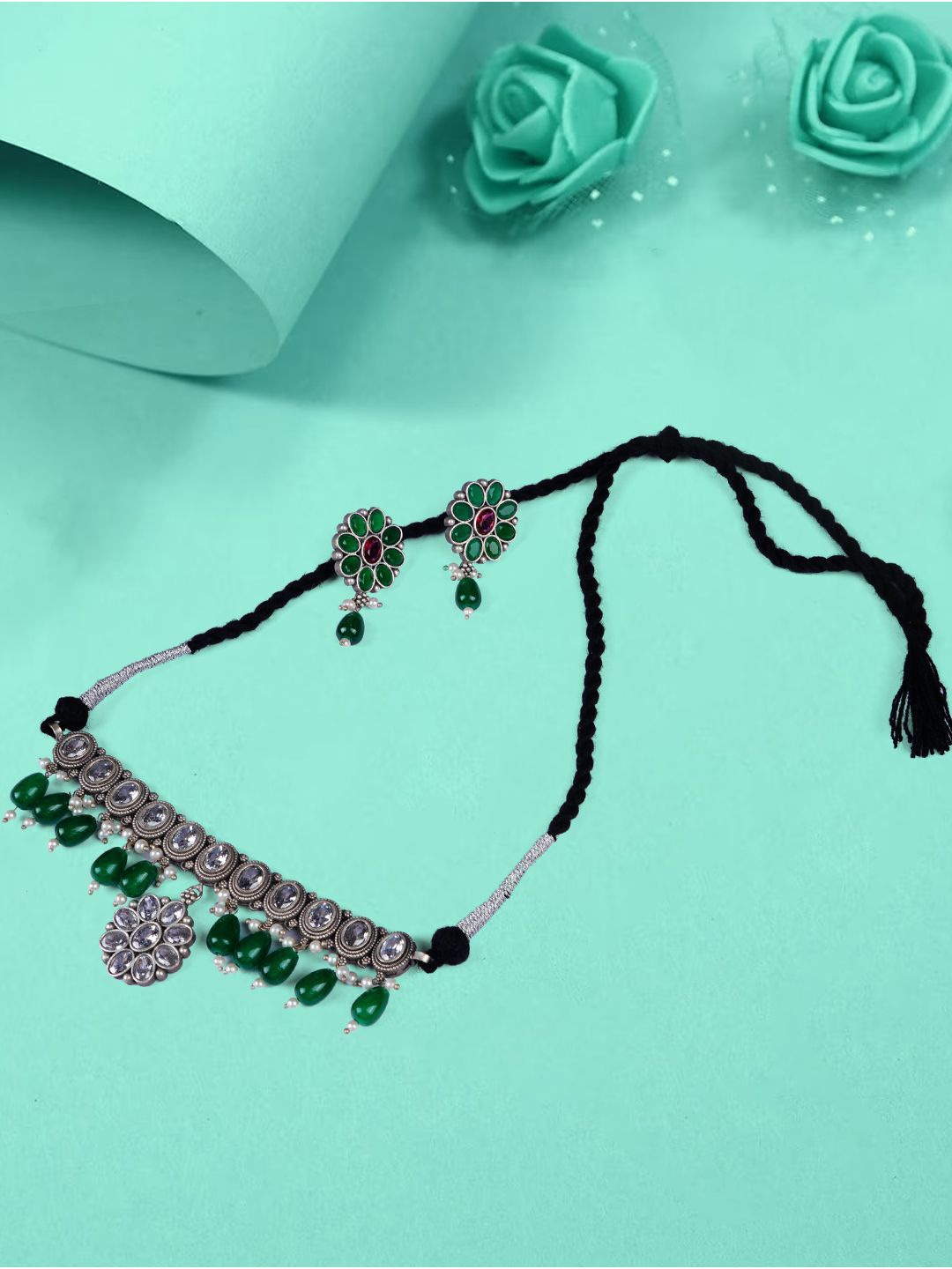 

Bamboo Tree Jewels Silver-Plated Stone Studded & Beaded Jewellery Set