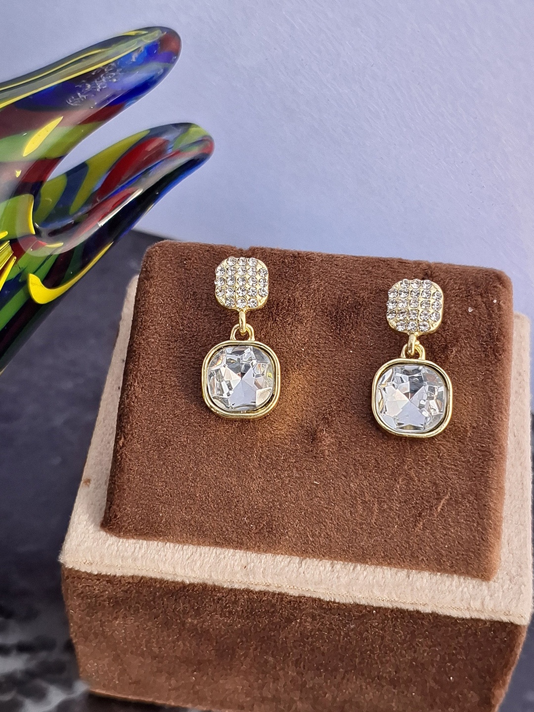 

Z HOME Gold Plated Square Shaped Crystals Studs Earrings