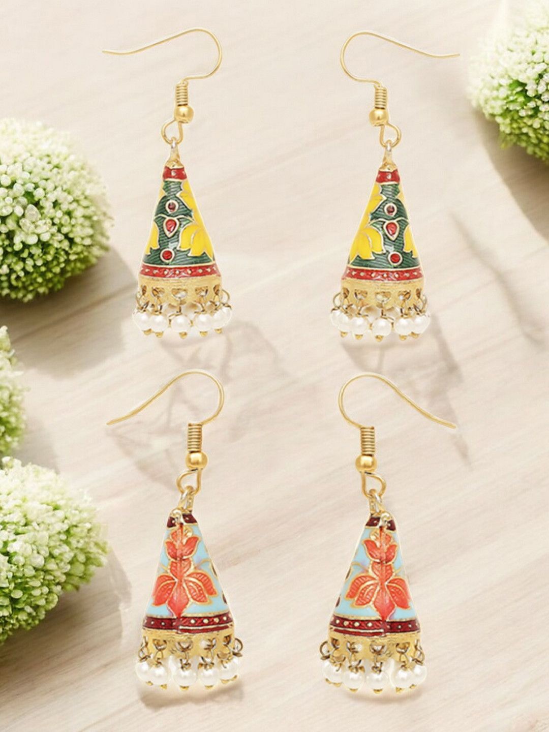 

Anouk Set Of 2 Artificial Beaded Dome Shaped Meenakari Jhumkas, Yellow