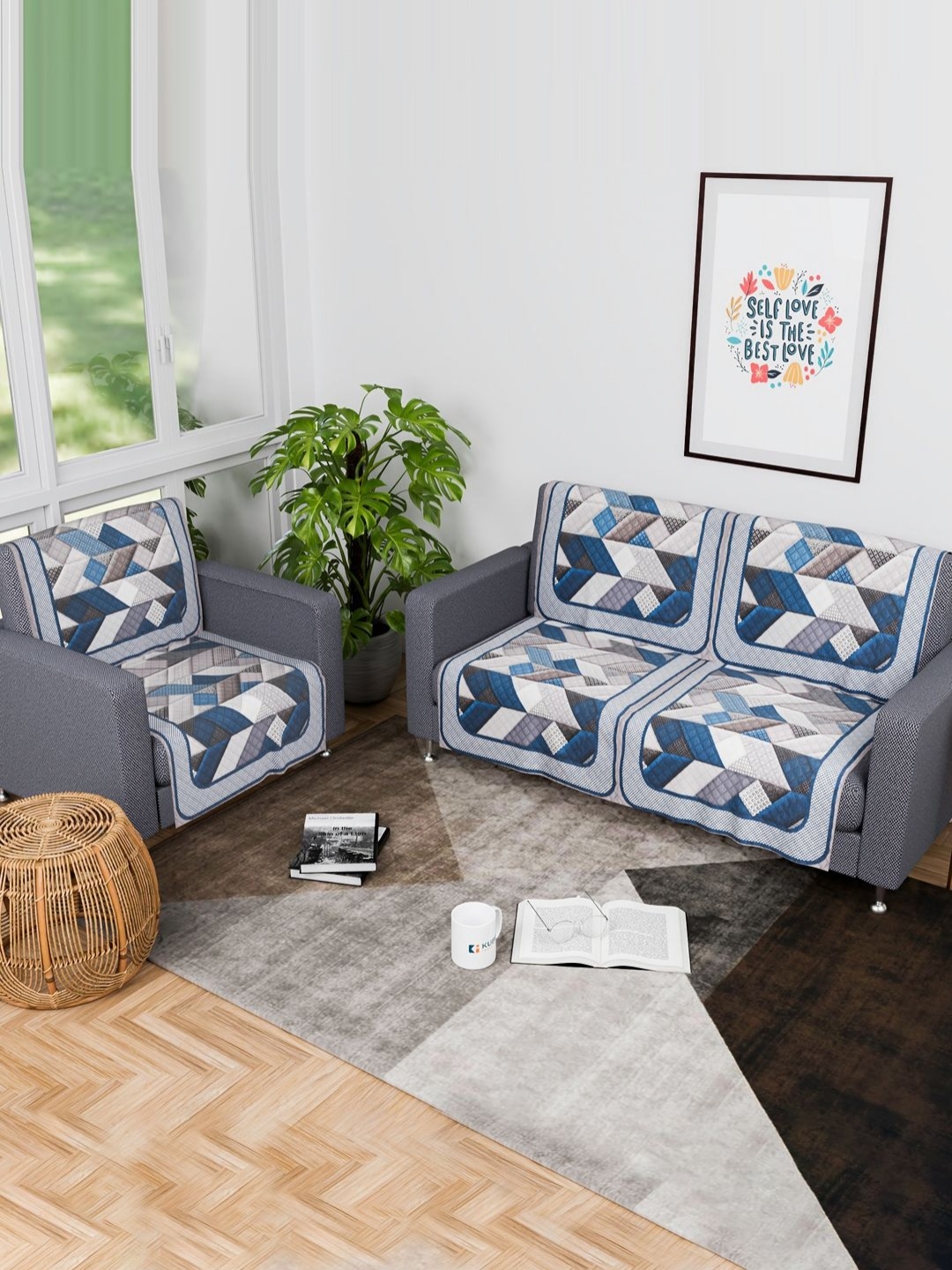 

Aura Grey & Blue 6 Pieces Geometric Printed 3 Seater Velvet Sofa Covers