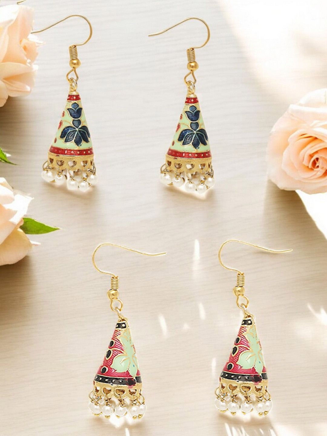 

Anouk Set Of 2 Artificial Stones Beaded Contemporary Shaped Jhumkas, Green