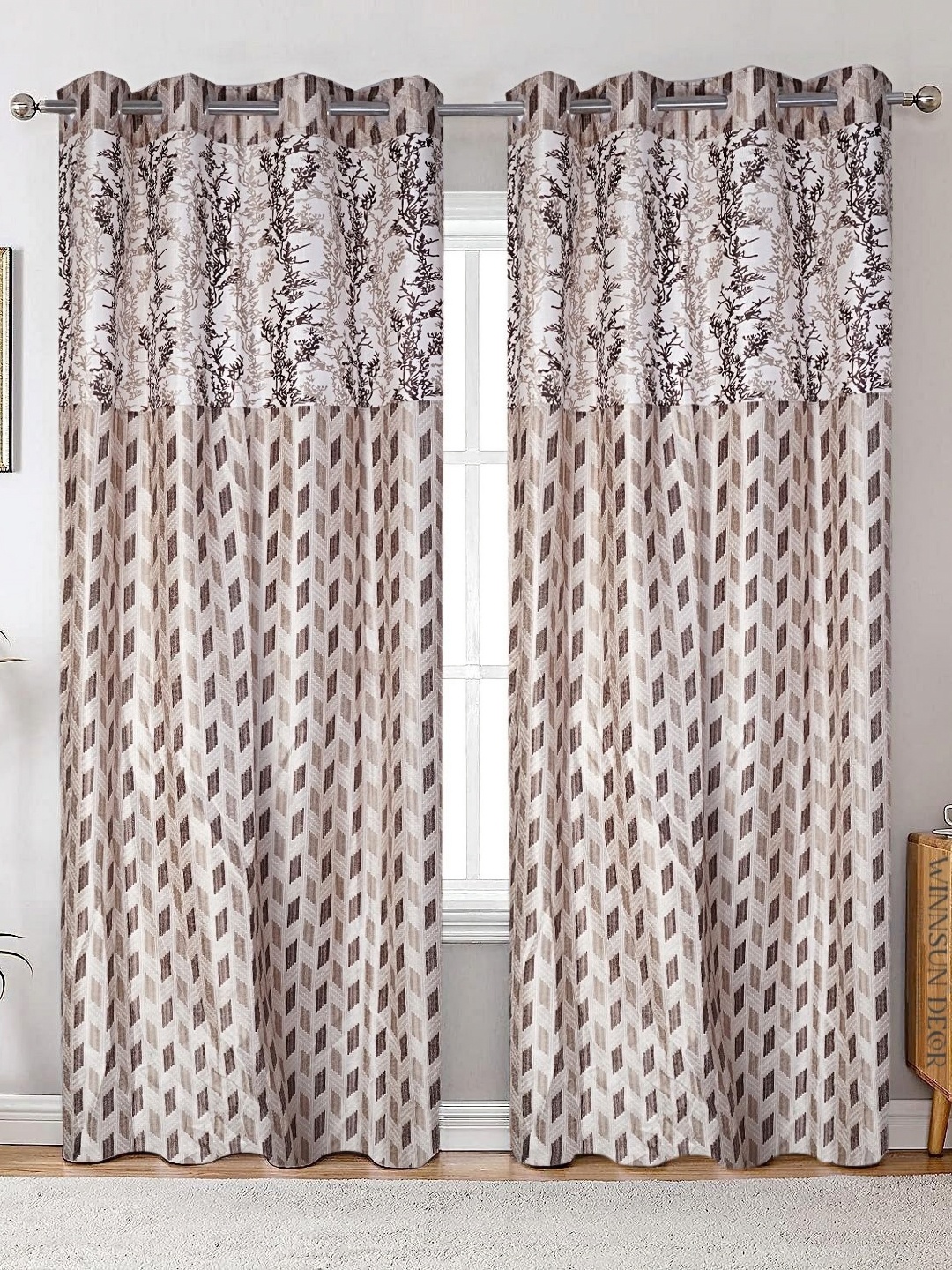 

Winnsun Brown & White 2 Pieces Floral Printed Room Darkening Door Curtains