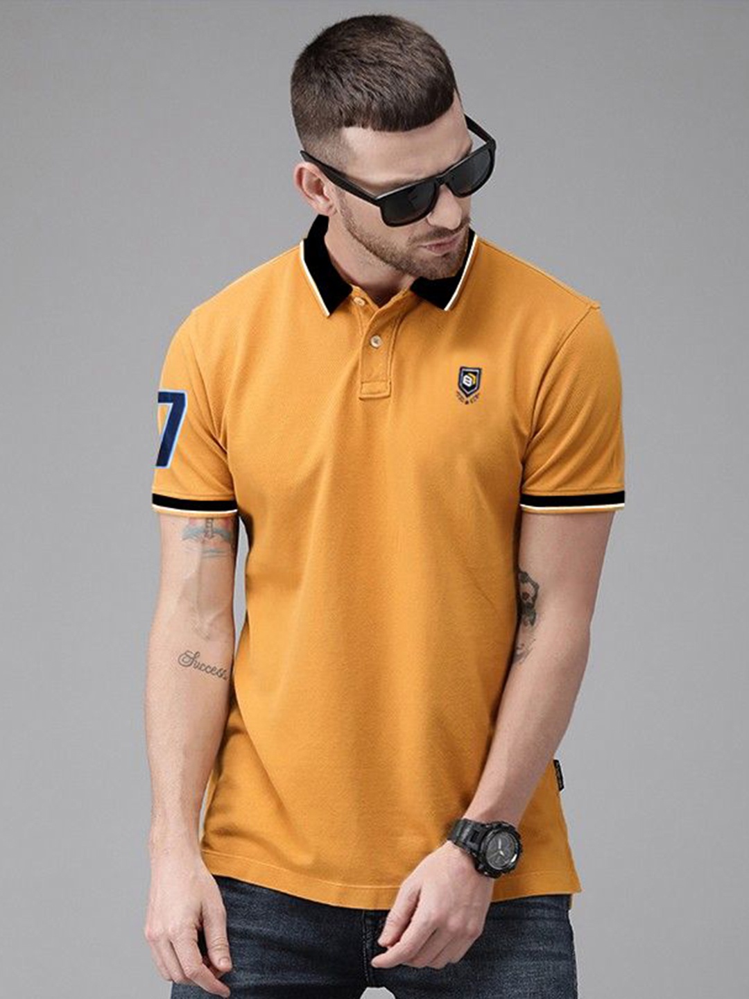 

Bishop Cotton Men Polo Collar Applique T-shirt, Mustard