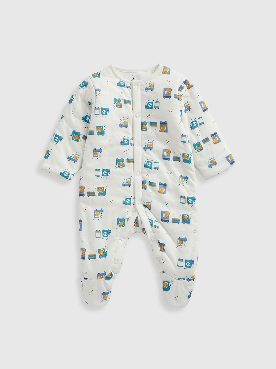

mothercare Boys Printed Round Neck Long Sleeves Cotton Sleepsuit, White
