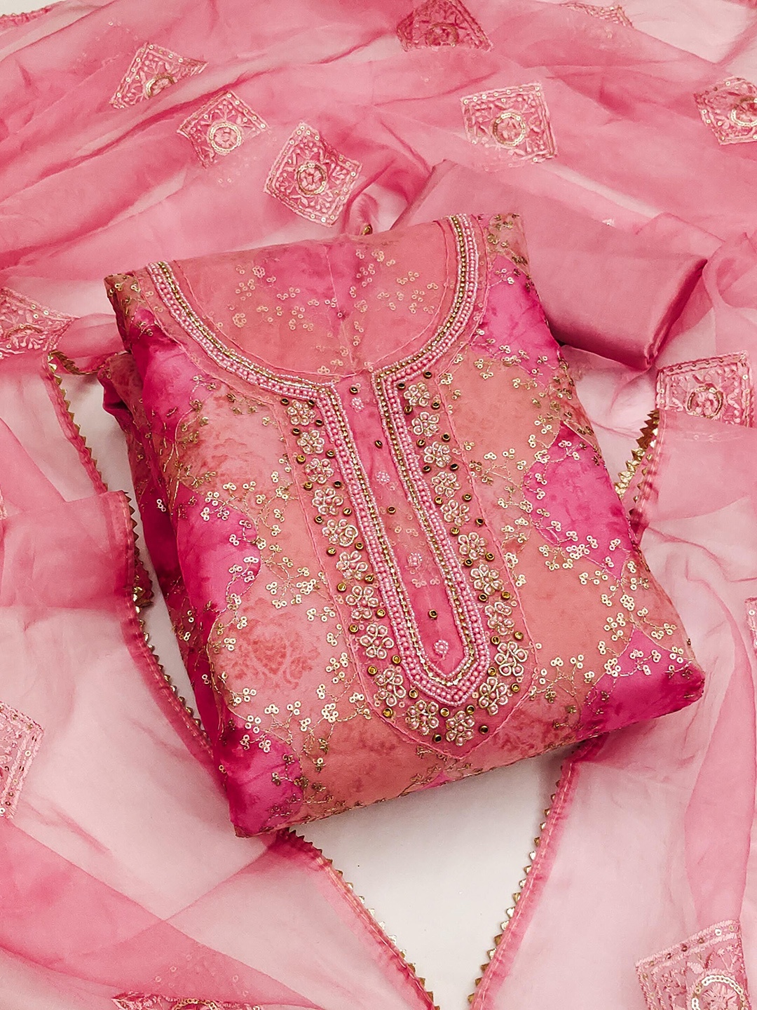 

SHADOW & SAINING Embroidered Organza Semi-Stitched Dress Material, Pink