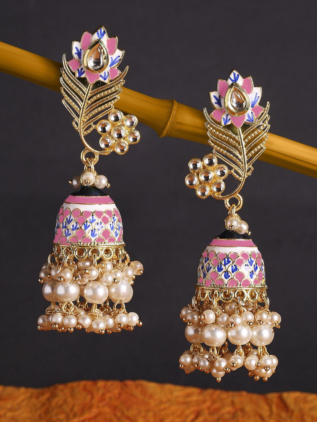 

Anouk Artificial Stones Studded and Beaded Peacock Design Meenakari Dome Shaped Jhumkas, Gold